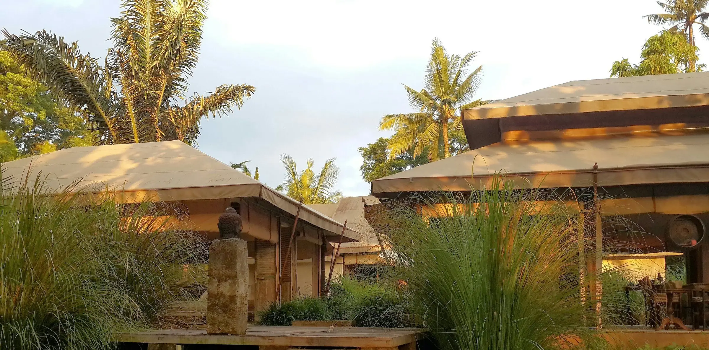Thatched pavilions in a tropical garden at golden hour